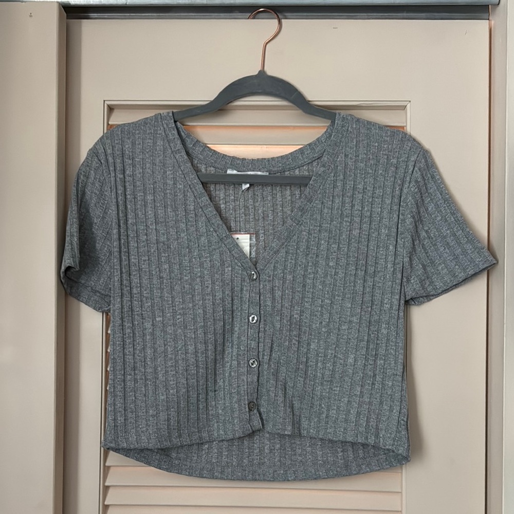 Gray Ribbed Button-Up Women's Top